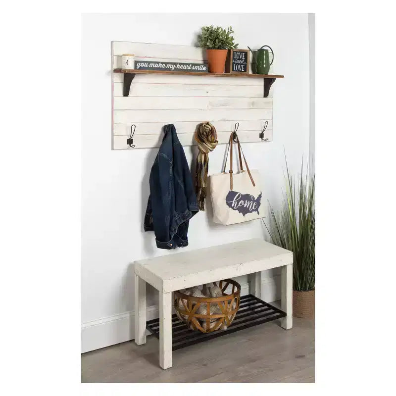 White/Brown Rustic Wood Wall Shelf with 5 Hooks