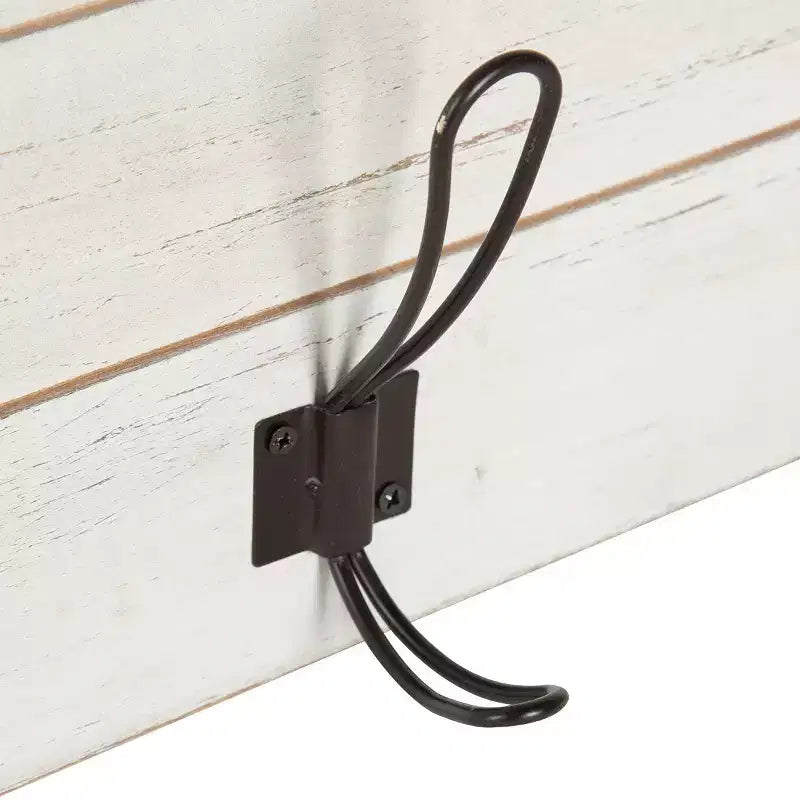 White/Brown Rustic Wood Wall Shelf with 5 Hooks