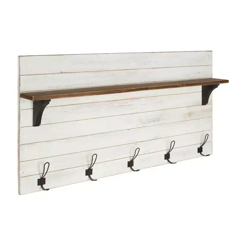White/Brown Rustic Wood Wall Shelf with 5 Hooks