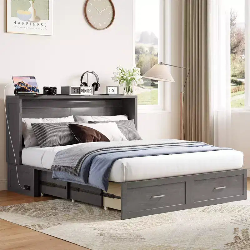 Letto a scomparsa matrimoniale Queen in ciliegio/grigio/bianco con stazione di ricarica e cassetti – Posti letto 2