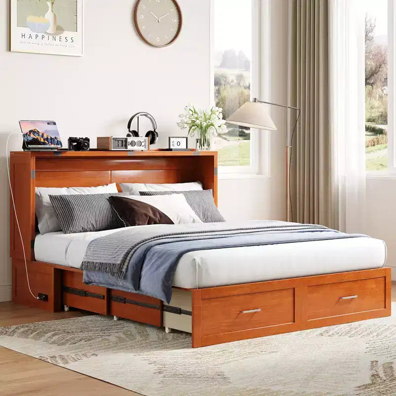 Letto a scomparsa matrimoniale Queen in ciliegio/grigio/bianco con stazione di ricarica e cassetti – Posti letto 2