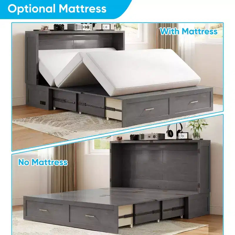 Letto a scomparsa matrimoniale Queen in ciliegio/grigio/bianco con stazione di ricarica e cassetti – Posti letto 2