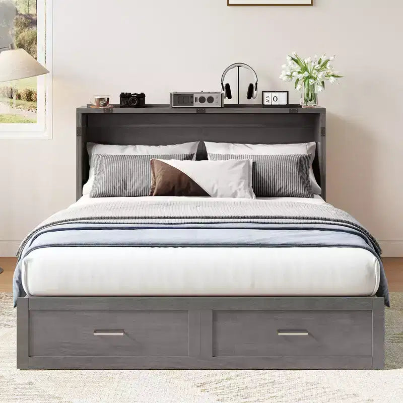 Letto a scomparsa matrimoniale Queen in ciliegio/grigio/bianco con stazione di ricarica e cassetti – Posti letto 2