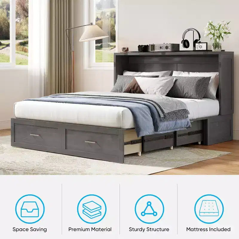 Letto a scomparsa matrimoniale Queen in ciliegio/grigio/bianco con stazione di ricarica e cassetti – Posti letto 2