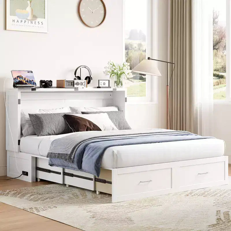 Letto a scomparsa matrimoniale Queen in ciliegio/grigio/bianco con stazione di ricarica e cassetti – Posti letto 2