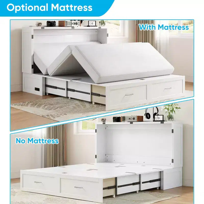 Letto a scomparsa matrimoniale Queen in ciliegio/grigio/bianco con stazione di ricarica e cassetti – Posti letto 2