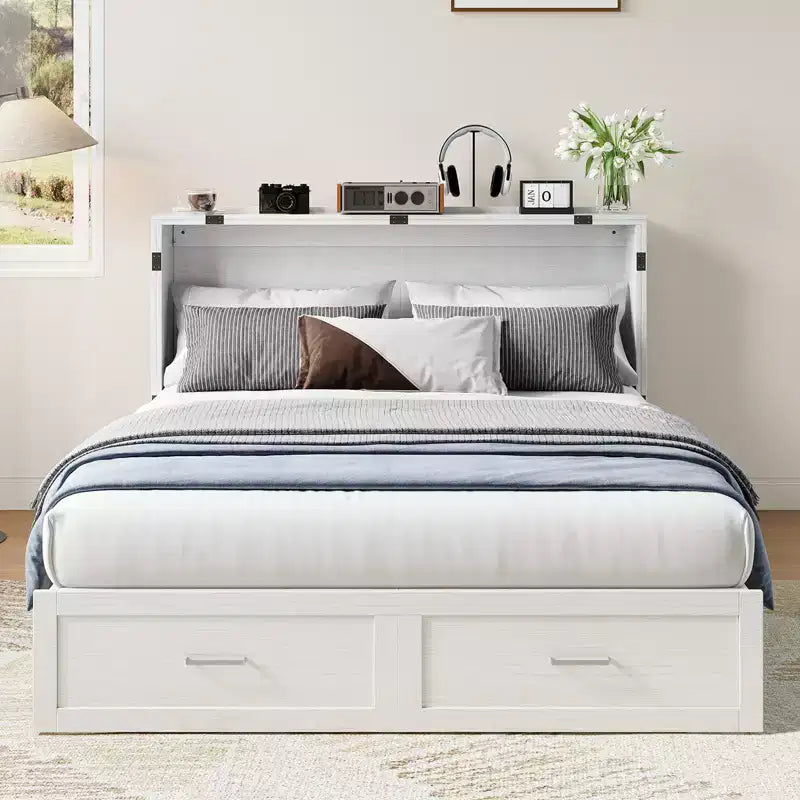 Letto a scomparsa matrimoniale Queen in ciliegio/grigio/bianco con stazione di ricarica e cassetti – Posti letto 2
