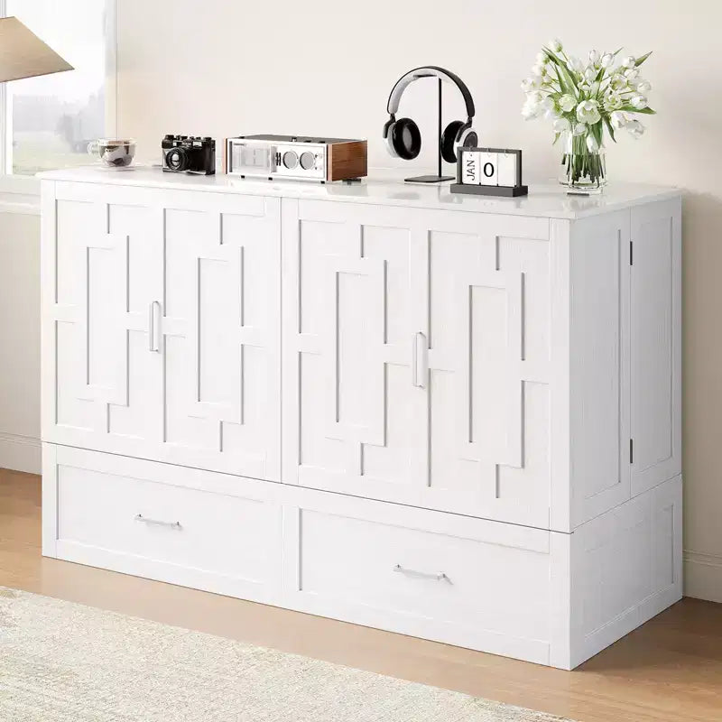 Letto a scomparsa matrimoniale Queen in ciliegio/grigio/bianco con stazione di ricarica e cassetti – Posti letto 2