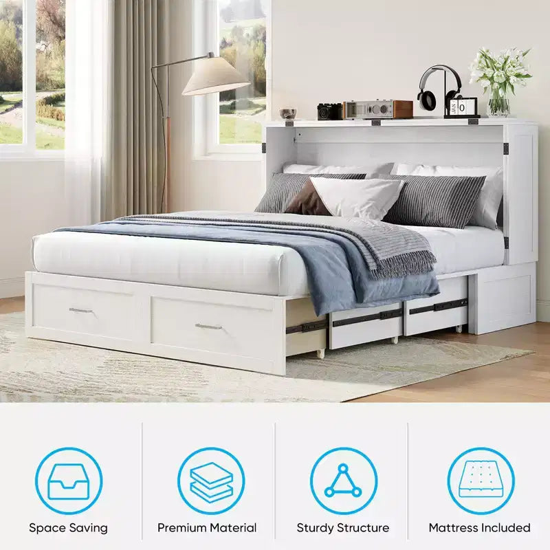 Letto a scomparsa matrimoniale Queen in ciliegio/grigio/bianco con stazione di ricarica e cassetti – Posti letto 2