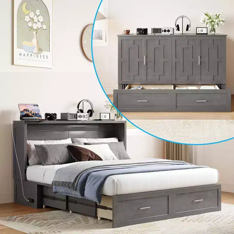 Cherry / Grey / White Queen Murphy Bed Cabinet with Charging Station & Drawers – Sleeps 2