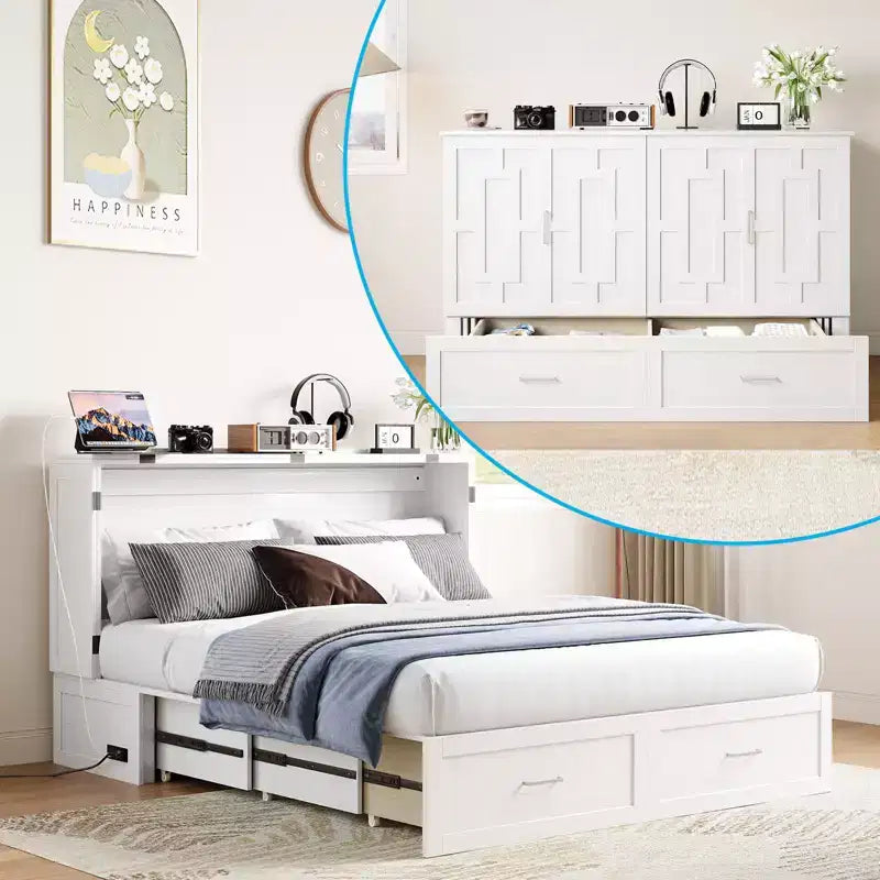 Cherry / Grey / White Queen Murphy Bed Cabinet with Charging Station & Drawers – Sleeps 2