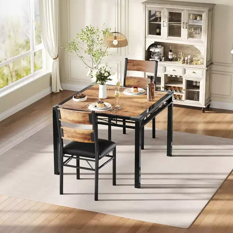 Black & Brown Dining Table Set, Upholstered Chairs, Industrial Style, Seats 4