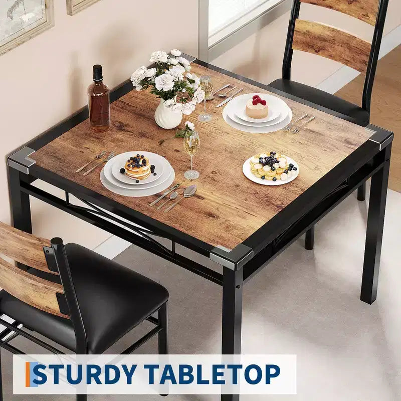 Black & Brown Dining Table Set, Upholstered Chairs, Industrial Style, Seats 4