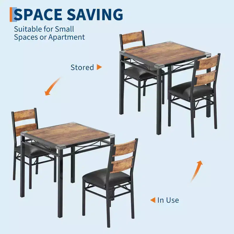 Set da pranzo nero e marrone, sedie imbottite, stile industriale, 4 posti