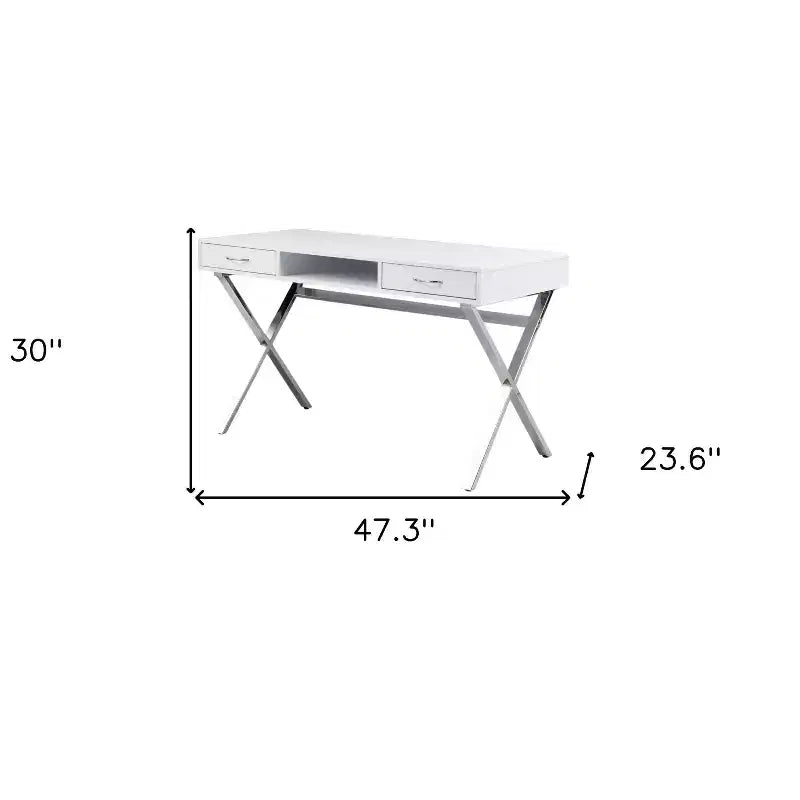 White & Silver Computer Desk with 2 Drawers, X-Frame, 1-Person