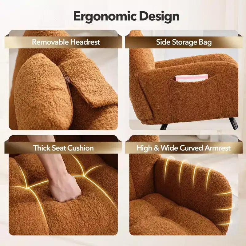 Sedia a dondolo/planeur con schienale alto imbottita in orsetto beige/marrone, 1 posto, gambe in legno, tasche laterali