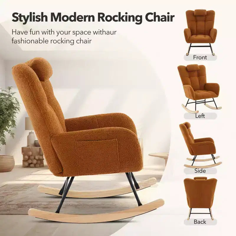 Sedia a dondolo/planeur con schienale alto imbottita in orsetto beige/marrone, 1 posto, gambe in legno, tasche laterali