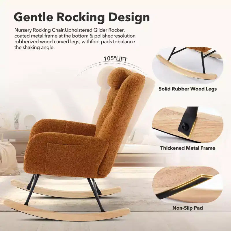 Sedia a dondolo/planeur con schienale alto imbottita in orsetto beige/marrone, 1 posto, gambe in legno, tasche laterali