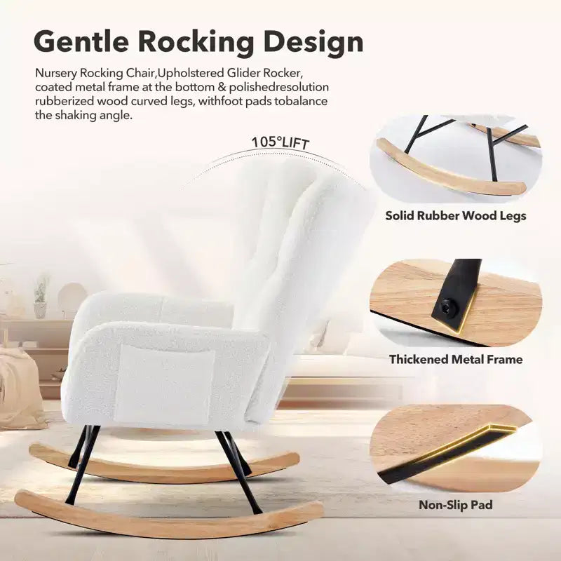 Sedia a dondolo/planeur con schienale alto imbottita in orsetto beige/marrone, 1 posto, gambe in legno, tasche laterali