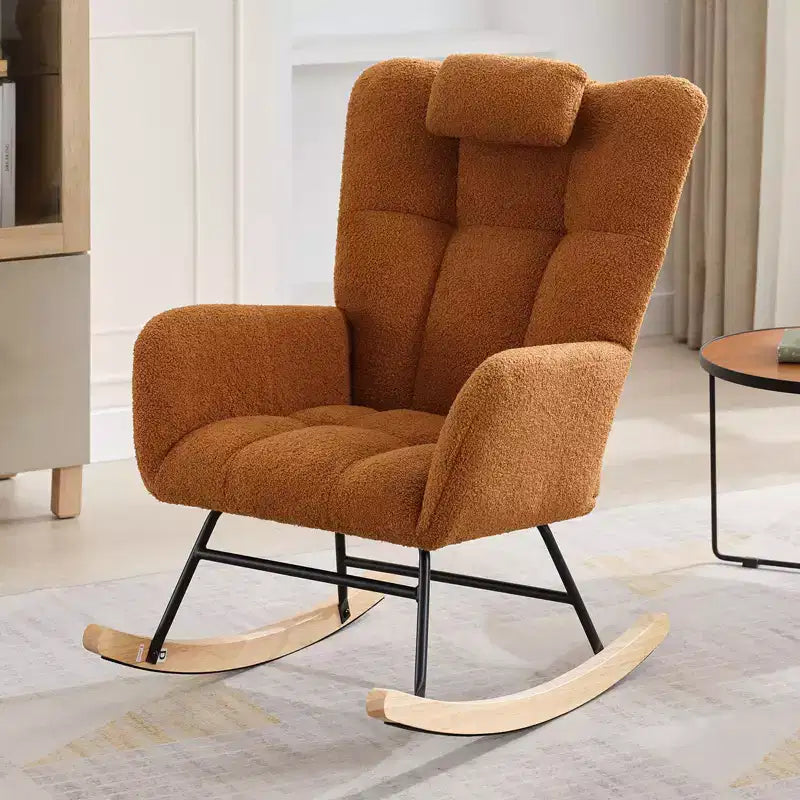 Beige/Brown Teddy Upholstered High-Back Glider Rocking Chair, 1-Seat, Wood Legs, Side Pockets
