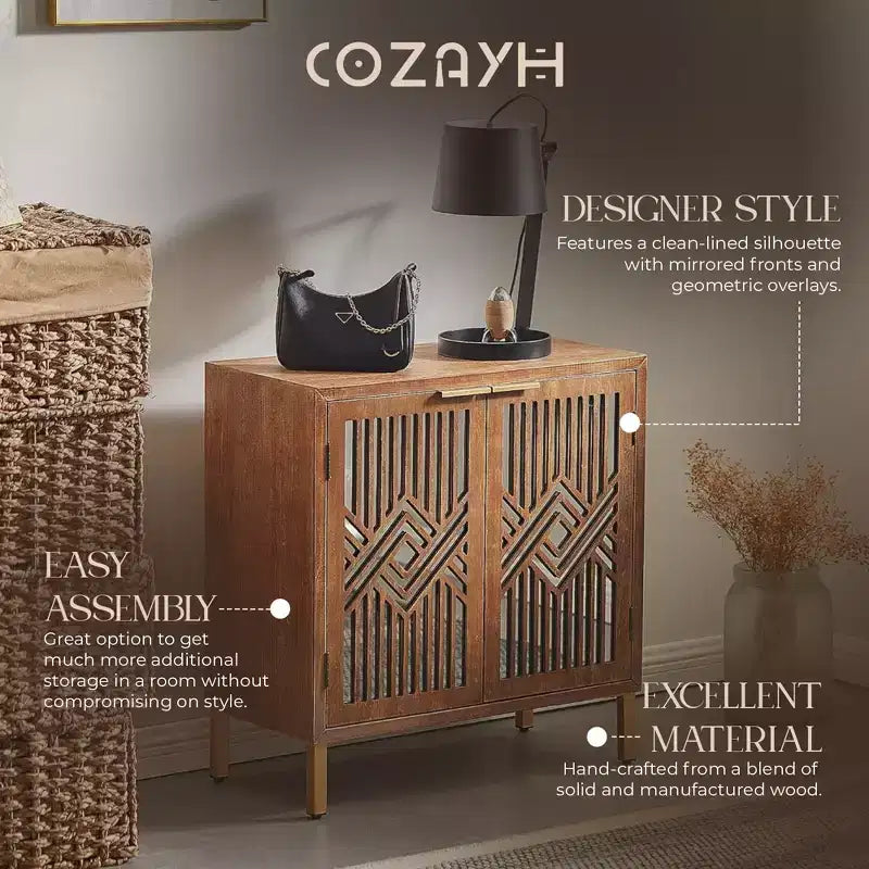 Wood Finish, 2-Door Accent Cabinet with Mirror Front & Gold Handles, 1-Person Assembly