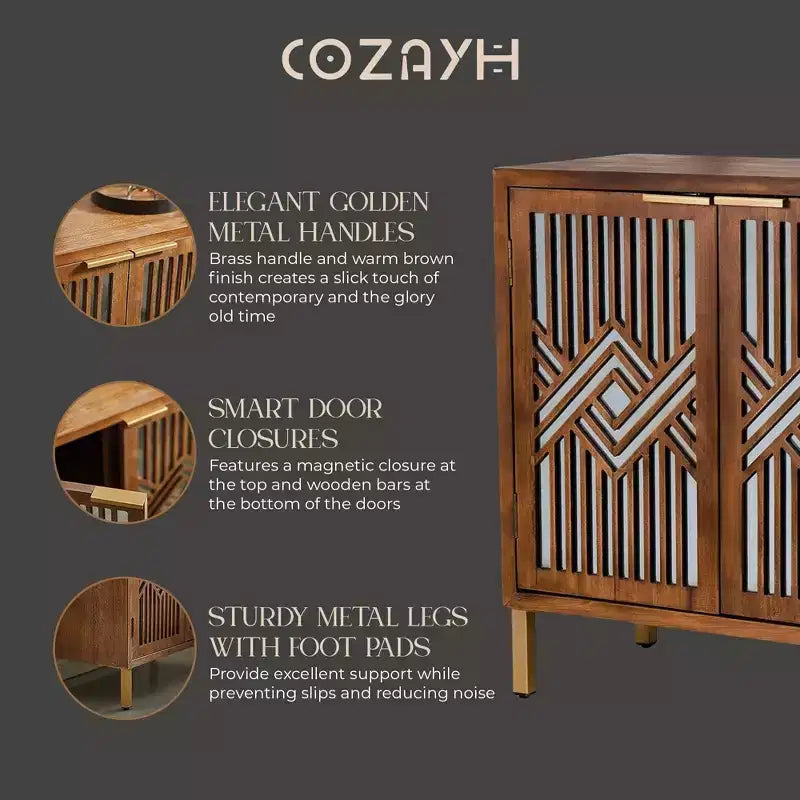 Wood Finish, 2-Door Accent Cabinet with Mirror Front & Gold Handles, 1-Person Assembly
