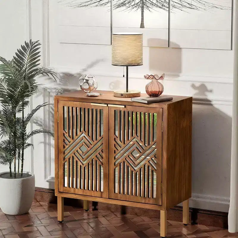 Mobiletto Accentato con Finitura Legno, 2 Ante con Frontale a Specchio e Maniglie Dorate, Montaggio da 1 Persona
