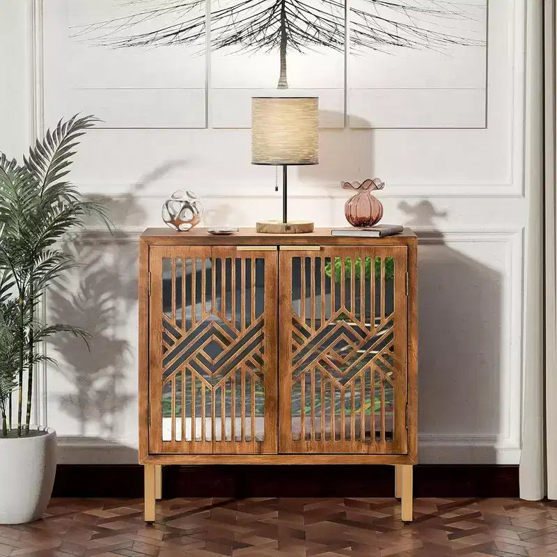 Mobiletto Accentato con Finitura Legno, 2 Ante con Frontale a Specchio e Maniglie Dorate, Montaggio da 1 Persona