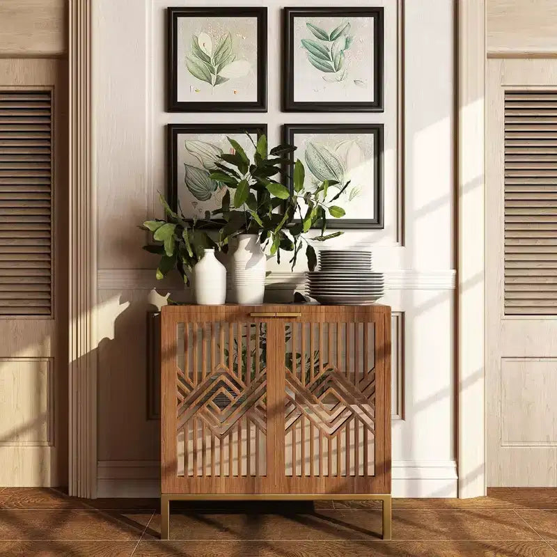 Mobiletto Accentato con Finitura Legno, 2 Ante con Frontale a Specchio e Maniglie Dorate, Montaggio da 1 Persona