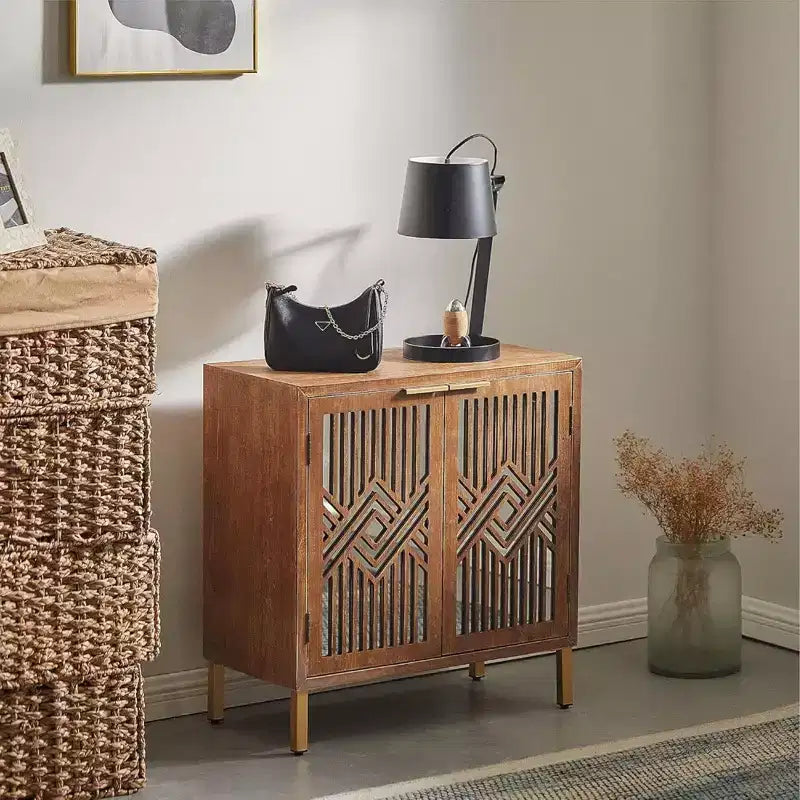 Mobiletto Accentato con Finitura Legno, 2 Ante con Frontale a Specchio e Maniglie Dorate, Montaggio da 1 Persona
