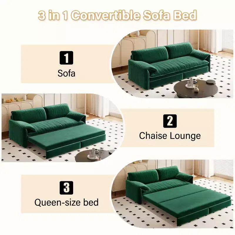 Divano letto e chaise longue convertibile 3-in-1 in velluto | Beige/Nero/Blu/Grigio/Verde/Rosa | 2 Posti
