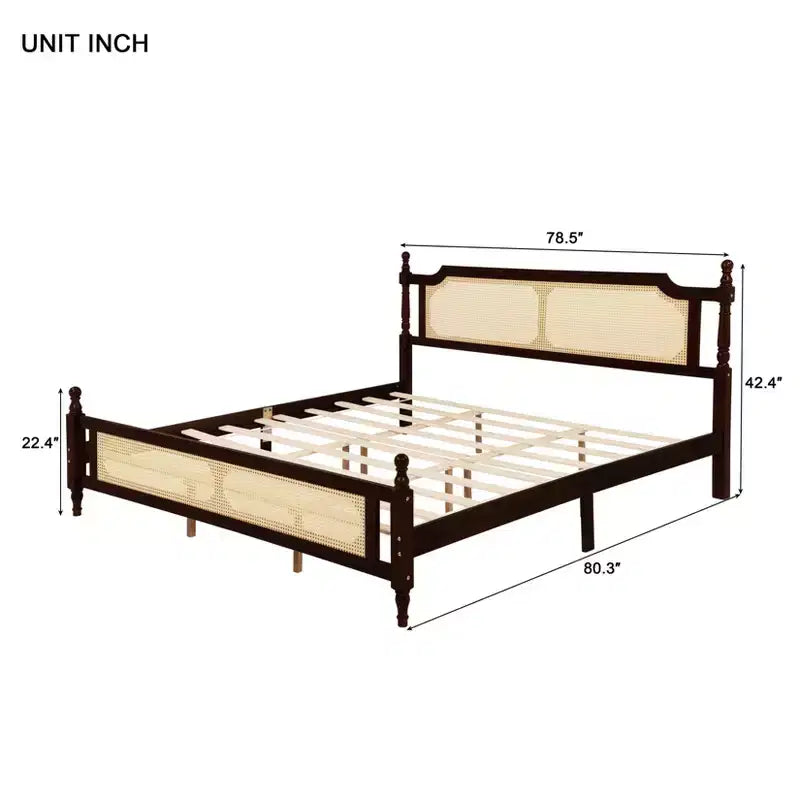 Struttura letto matrimoniale marrone, testiera in rattan, 2 cassetti portaoggetti, Per 1