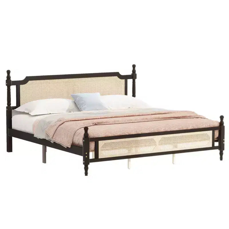 Struttura letto matrimoniale marrone, testiera in rattan, 2 cassetti portaoggetti, Per 1