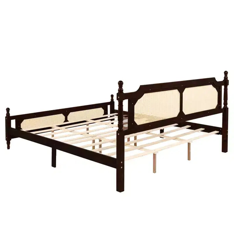 Brown Full Size Bed Frame, Rattan Headboard, 2 Storage Drawers, For 1