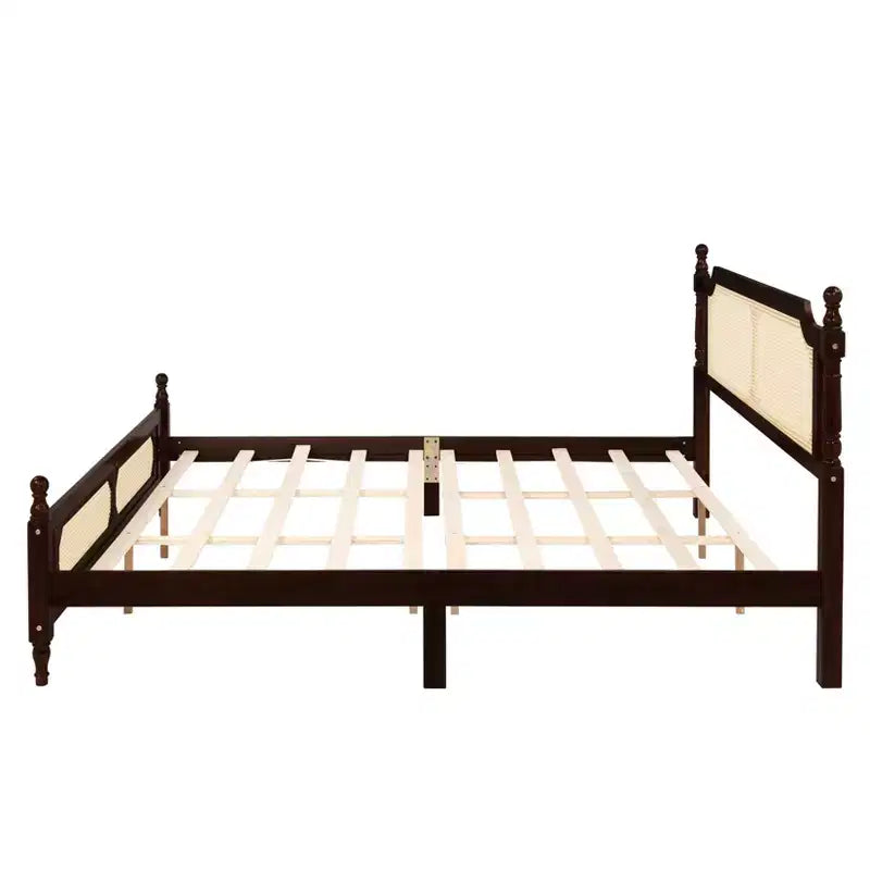 Struttura letto matrimoniale marrone, testiera in rattan, 2 cassetti portaoggetti, Per 1