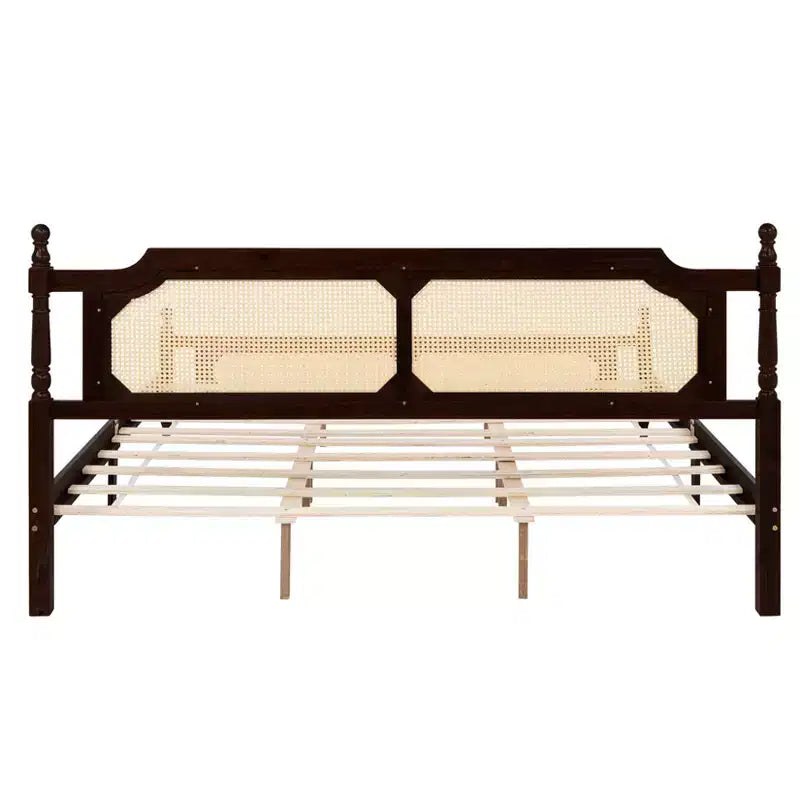 Struttura letto matrimoniale marrone, testiera in rattan, 2 cassetti portaoggetti, Per 1
