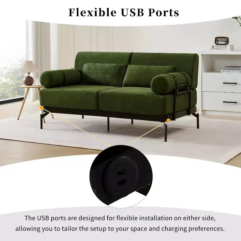 Divanetto a 2 Posti con Porte USB e Braccioli Cilindrici, Beige/Verde/Grigio/Rosso