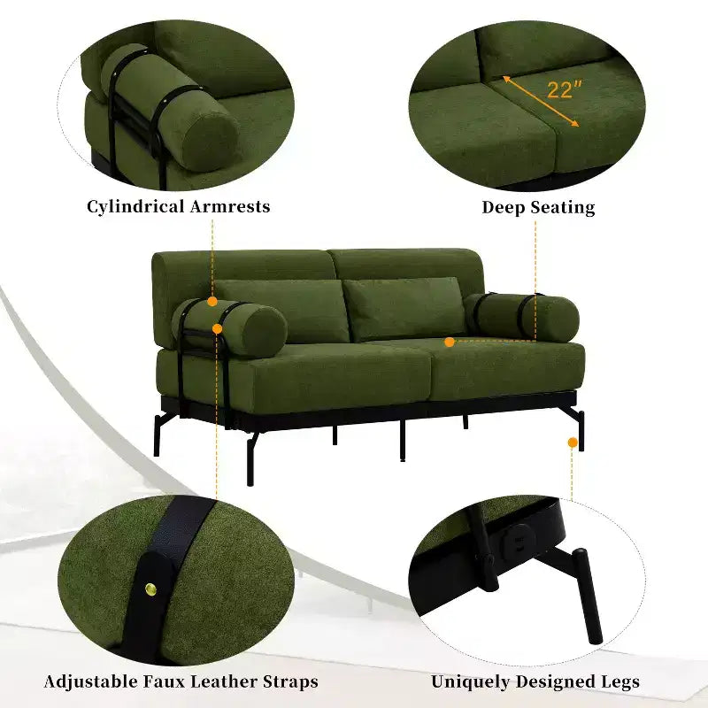 Divanetto a 2 Posti con Porte USB e Braccioli Cilindrici, Beige/Verde/Grigio/Rosso