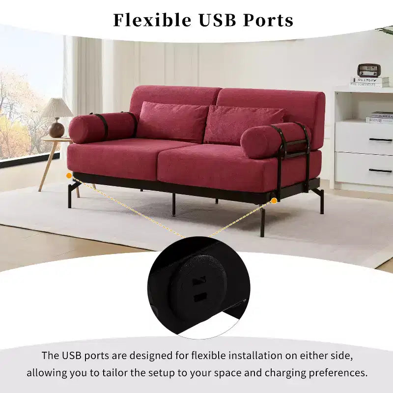 Divanetto a 2 Posti con Porte USB e Braccioli Cilindrici, Beige/Verde/Grigio/Rosso