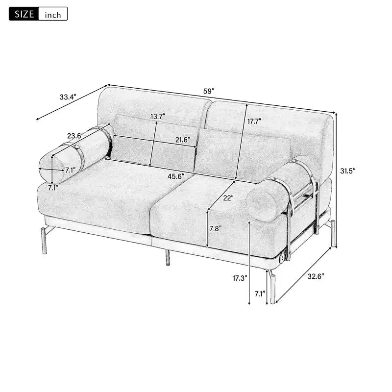 2-Seater Loveseat Sofa with USB Ports & Cylindrical Armrests, Beige/Green/Grey/Red