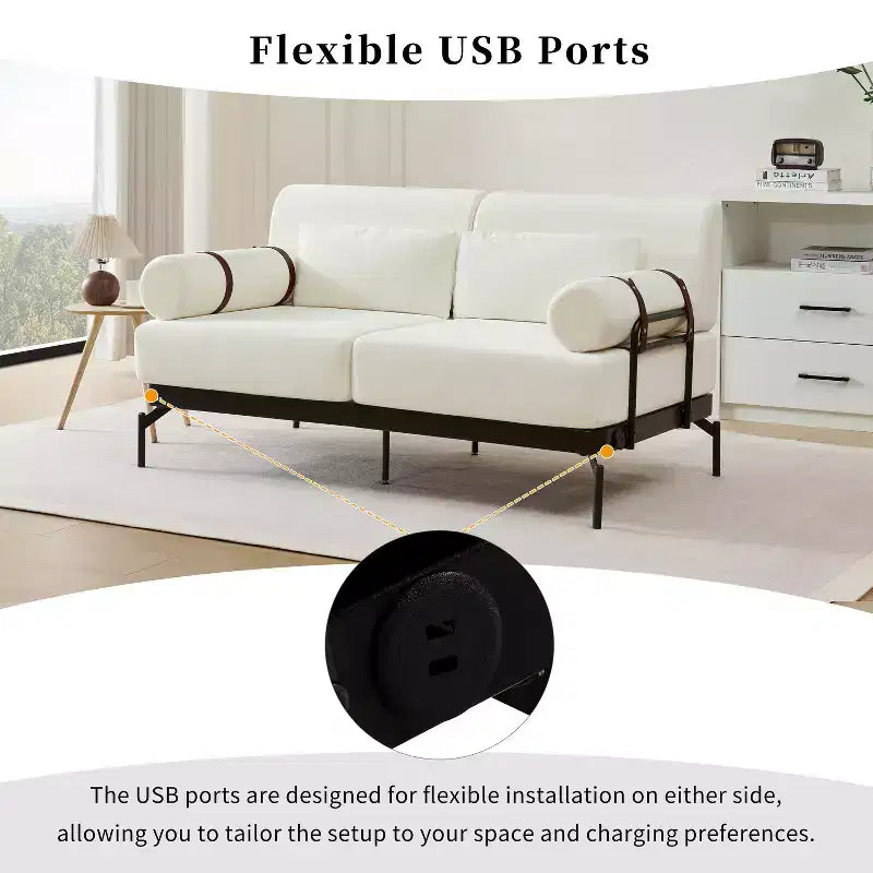 Divanetto a 2 Posti con Porte USB e Braccioli Cilindrici, Beige/Verde/Grigio/Rosso