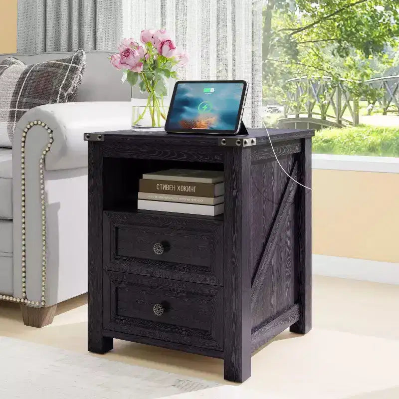 Black / Brown / White Rustic Farmhouse Nightstand with Charging Station – 1-Piece End Table