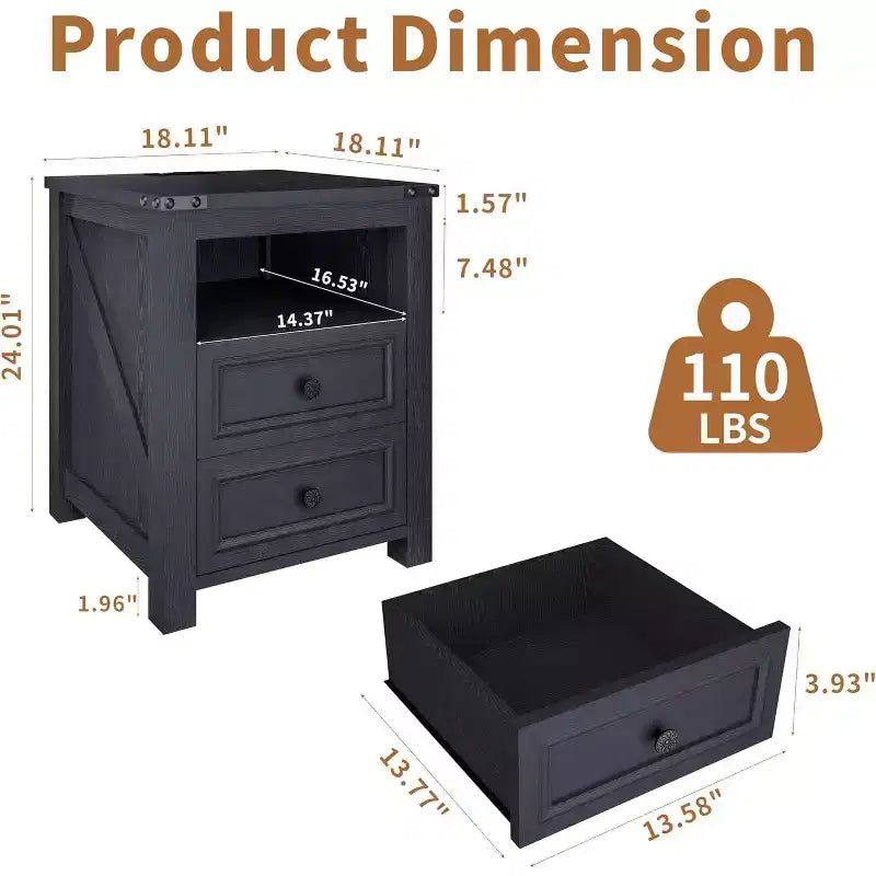 Black / Brown / White Rustic Farmhouse Nightstand with Charging Station – 1-Piece End Table