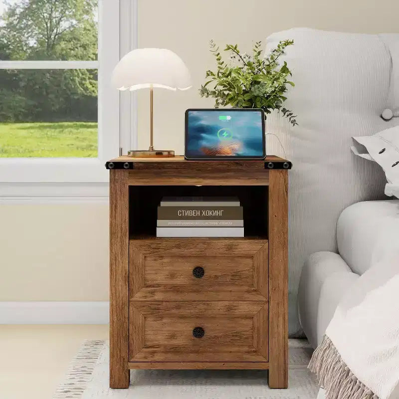 Black / Brown / White Rustic Farmhouse Nightstand with Charging Station – 1-Piece End Table