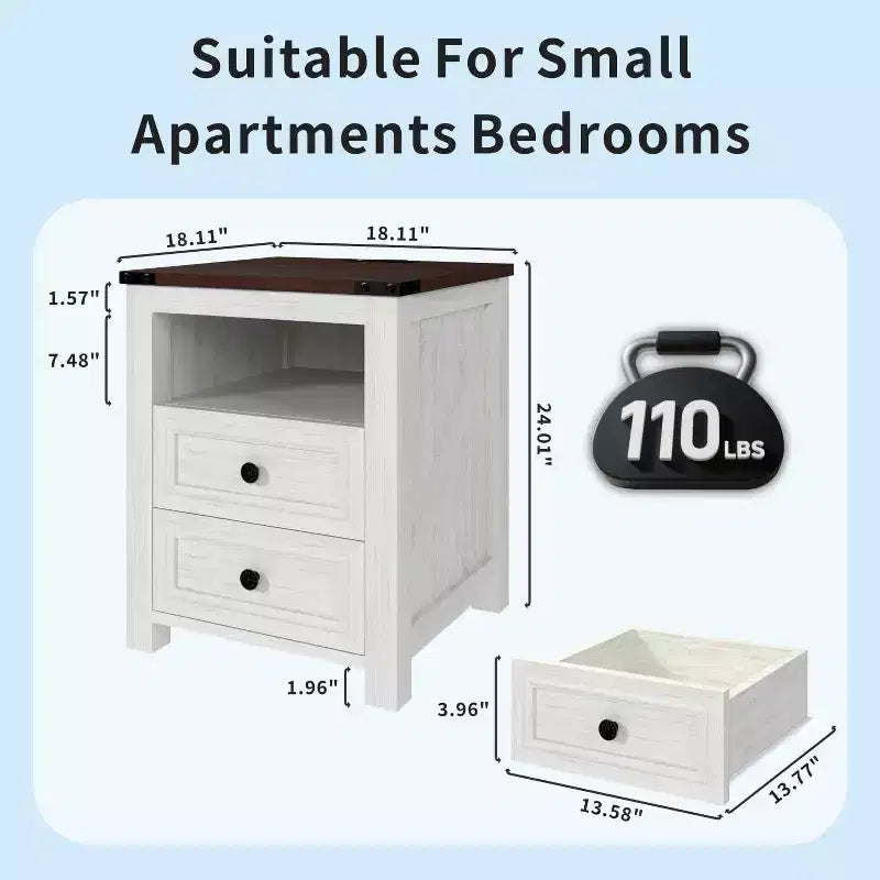Black / Brown / White Rustic Farmhouse Nightstand with Charging Station – 1-Piece End Table