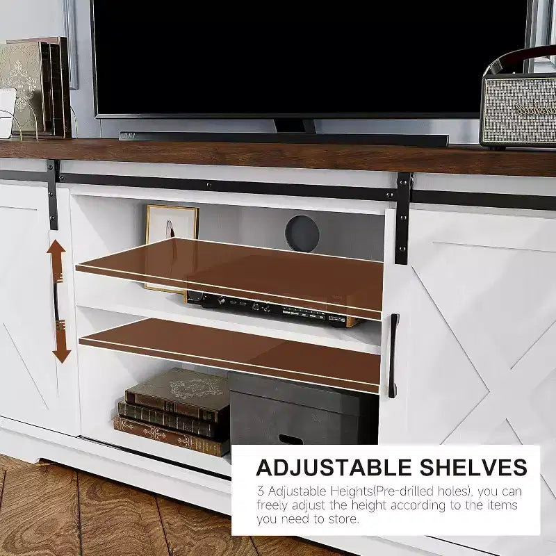 Mobile TV rustico grigio/bianco, 65", stile porta scorrevole singola