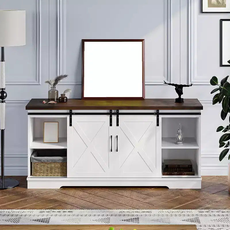 Mobile TV rustico grigio/bianco, 65", stile porta scorrevole singola