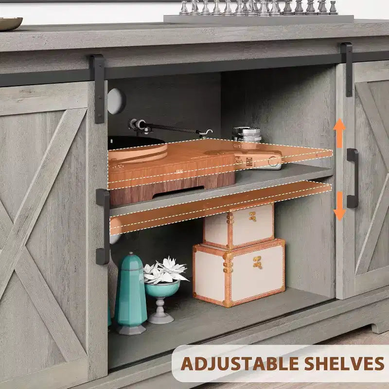 Gray/White Farmhouse TV Stand, 65" Barn Door Style, Single