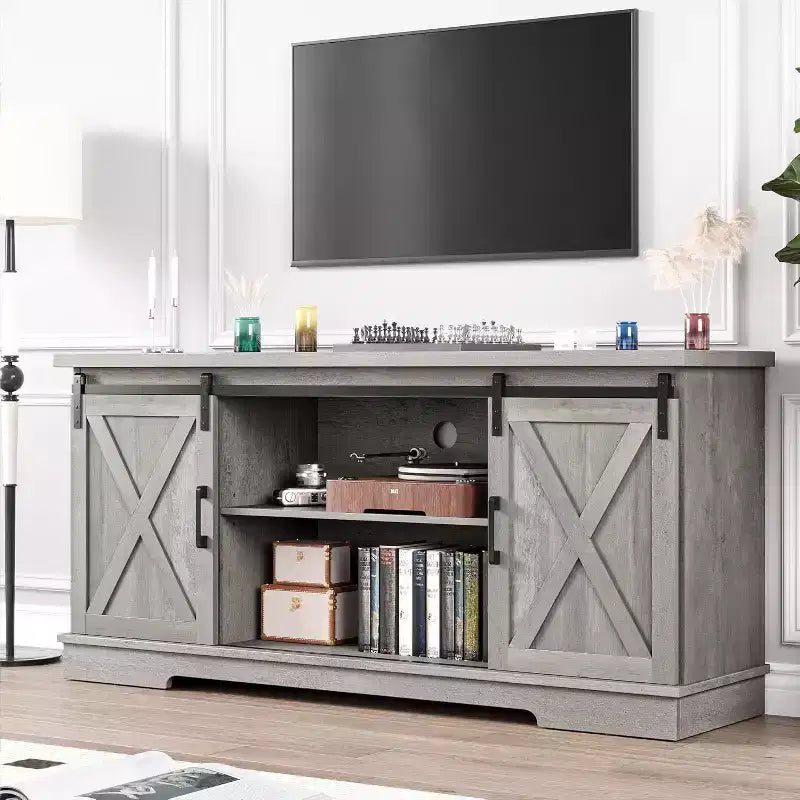 Mobile TV rustico grigio/bianco, 65", stile porta scorrevole singola