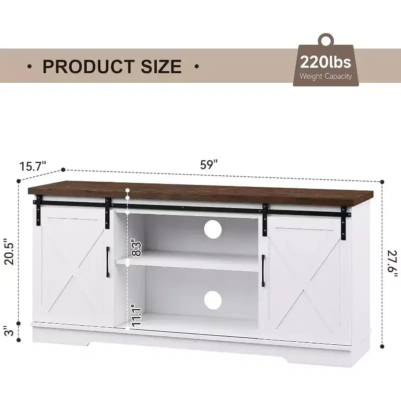 Mobile TV rustico grigio/bianco, 65", stile porta scorrevole singola